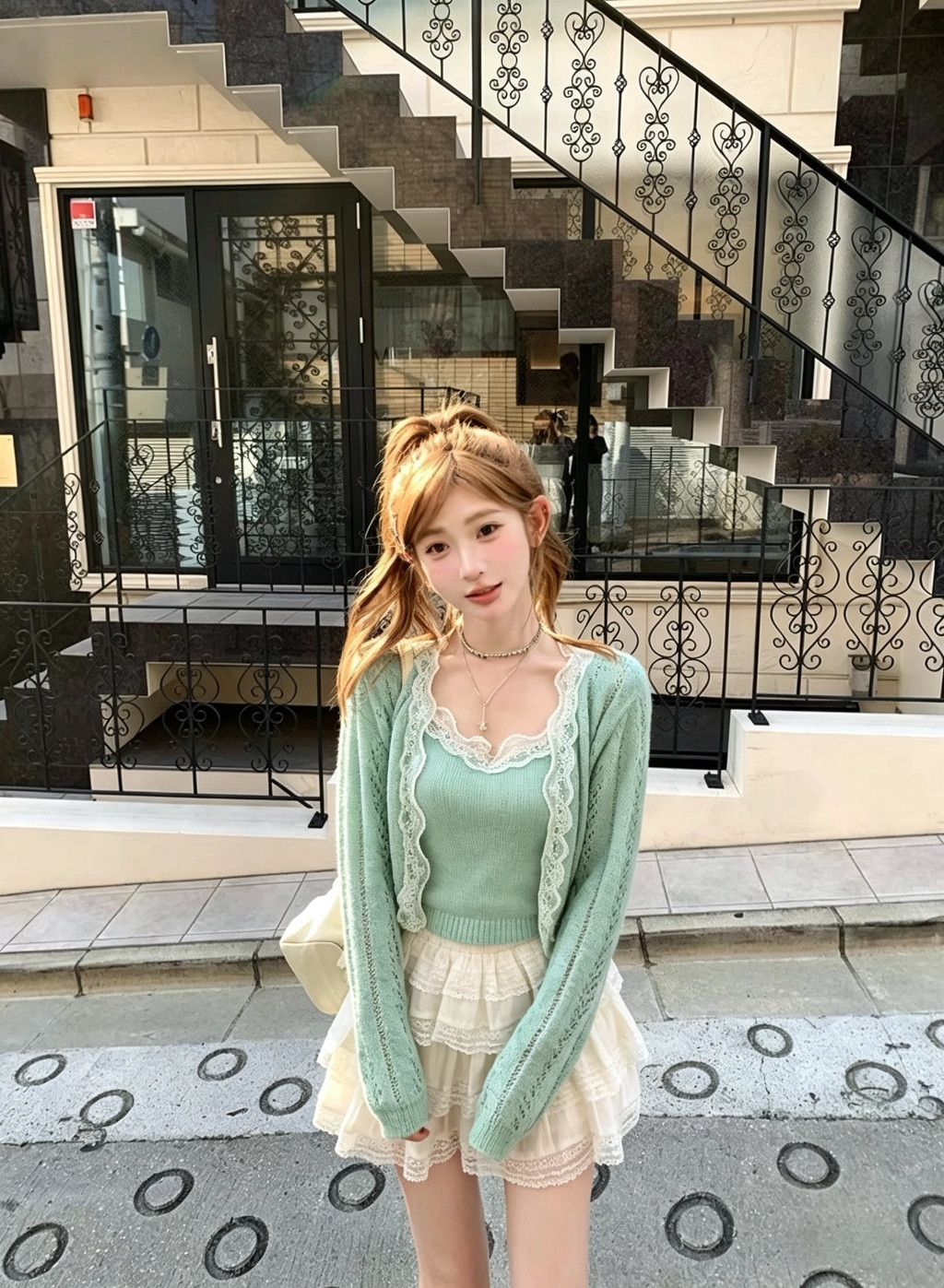 Long-Sleeved Knitted Hollow-Out Cardigan Top with Lace Trim Camisole Two-Piece Set