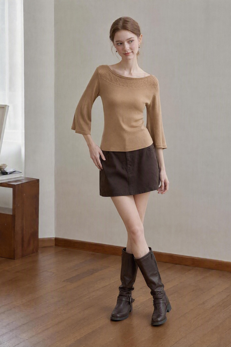 French Style Off-Shoulder Lace Hollow-Out Slimming Three-Quarter Flared Sleeve Knitted Top