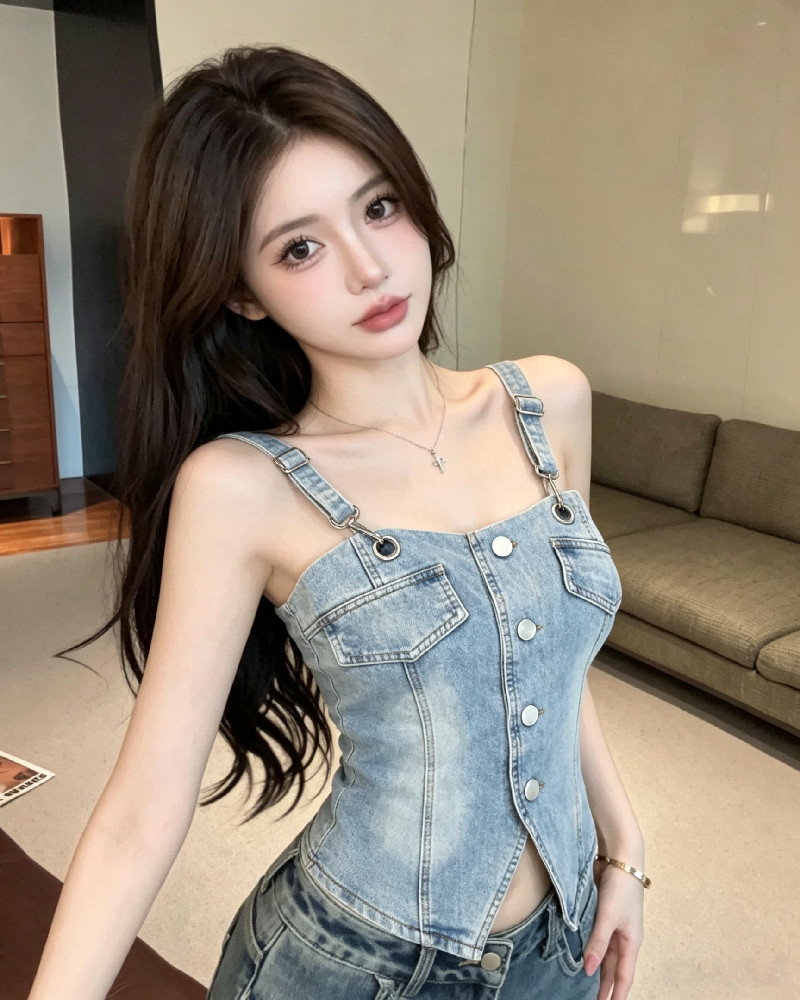 light blue denim suspender vest with button front decoration, versatile suspender