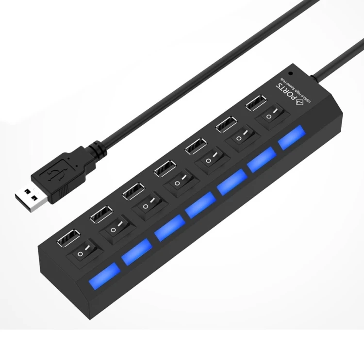 7 Ports USB Hub 2.0 USB Splitter High Speed 480Mbps with ON/OFF Switch / 7 LEDs LS-UH-0212BH