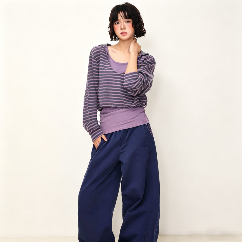 Korean style striped color-blocked faux two-piece hooded long-sleeved sweatshirt for women