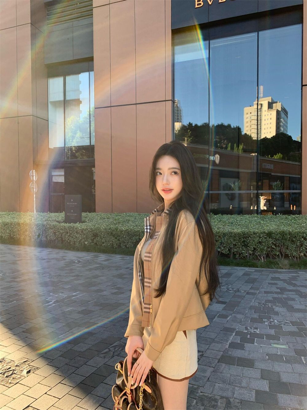 Tokyo Sunset Custom Khaki Plaid Trench Coat Jacket High-End Short French Style Top