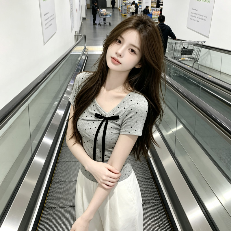 Women's Short-Sleeve T-Shirt, Summer New Style, Korean Style, Tie-Waist Bow, Slim Fit, Polka Dot, Irregular Collar