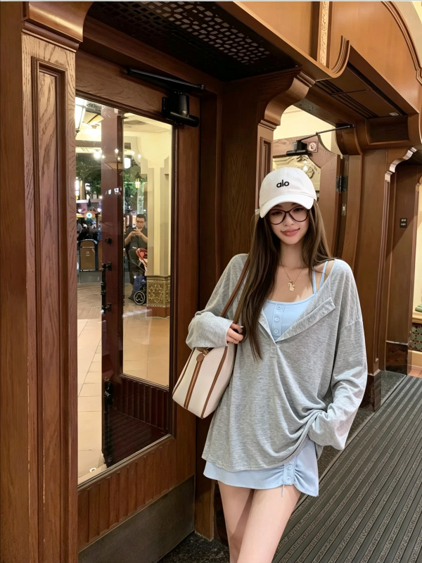 Korean style loose casual lazy style long-sleeved cover-up + fashionable hot girl camisole slim vest dress two-piece