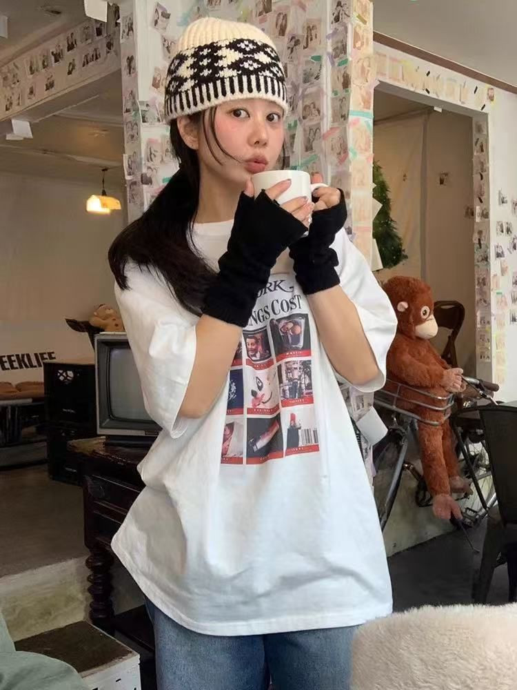 Pure cotton short-sleeved t-shirts, loose Korean style new mid-length short-sleeved tops, trendy ins style