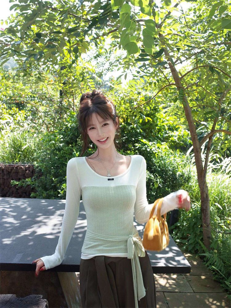 Korean Style Faux Two-Piece Tie-Waist Long-Sleeved T-Shirt Women's Autumn Slim