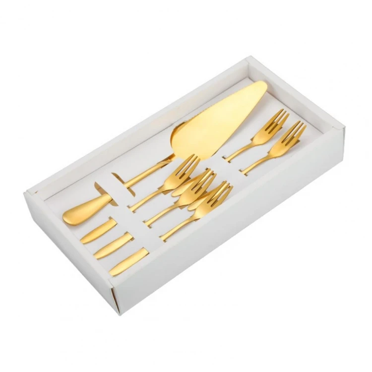 6pcs/set Stainless Steel Cake Knife And Fork Set, Color: Gold With 3-tine Forks DTBD0603846104GF